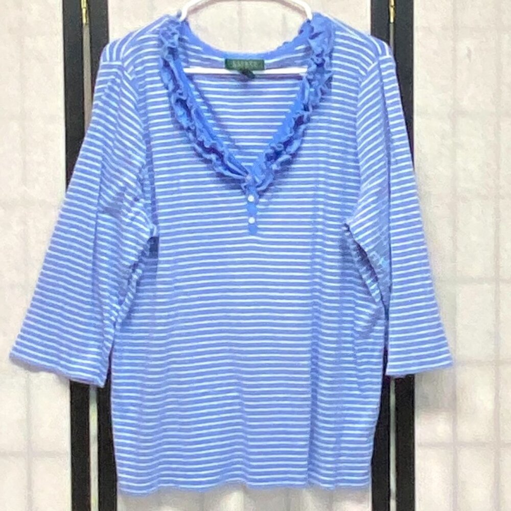 Lauren Ralph Lauren Blue White 3X Double Ruffle VNeck 1/4 Button Tee Long Sleeve